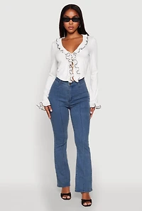 Womens Ruffle Trim Tie Front Crop Top, White, Size L