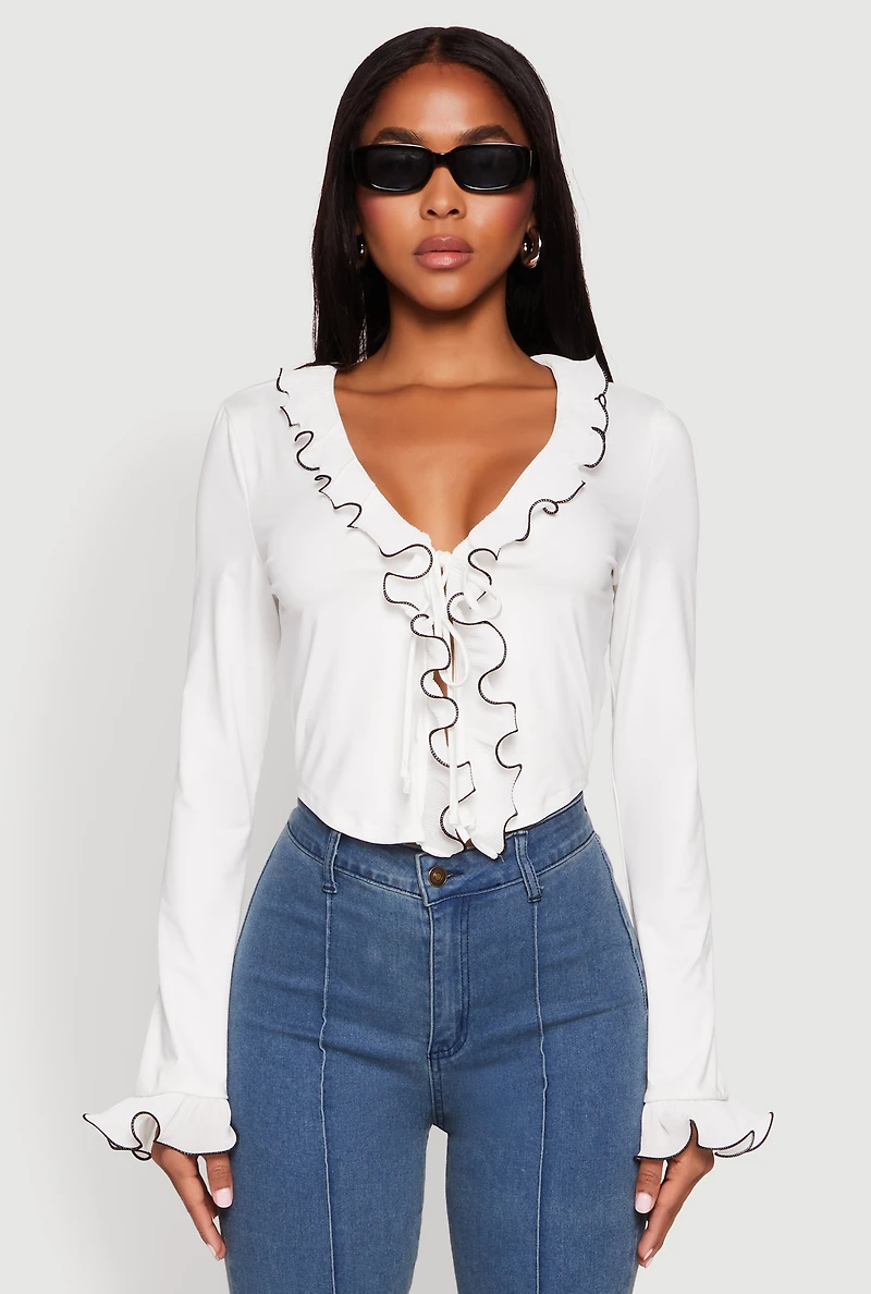 Womens Ruffle Trim Tie Front Crop Top, White, Size L