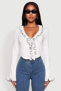 Womens Ruffle Trim Tie Front Crop Top, White, Size L