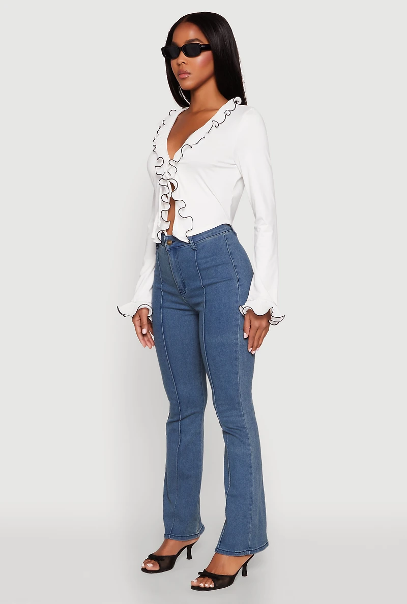 Womens Ruffle Trim Tie Front Crop Top, White, Size L
