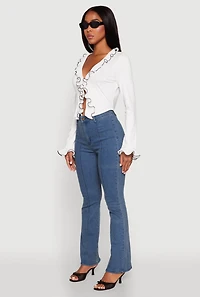Womens Ruffle Trim Tie Front Crop Top, White, Size L