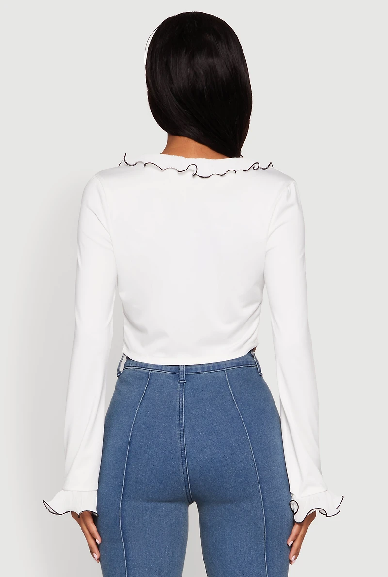 Womens Ruffle Trim Tie Front Crop Top, White, Size L