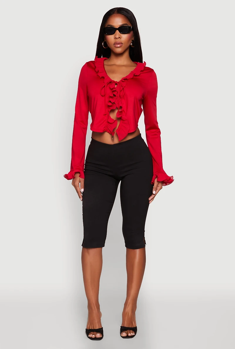 Womens Ruffle Trim Tie Front Crop Top, Red, Size S