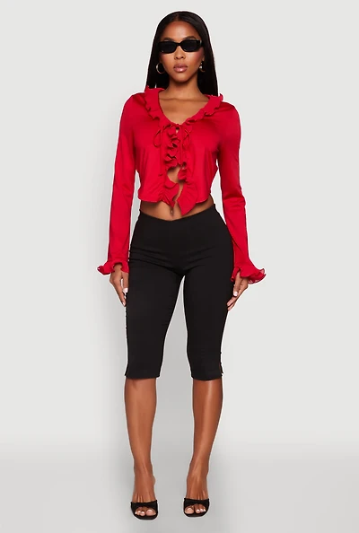 Womens Ruffle Trim Tie Front Crop Top, Red, Size S