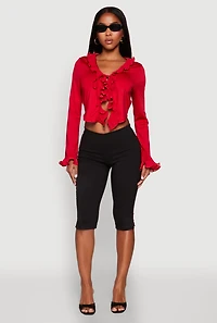 Womens Ruffle Trim Tie Front Crop Top, Red, Size S