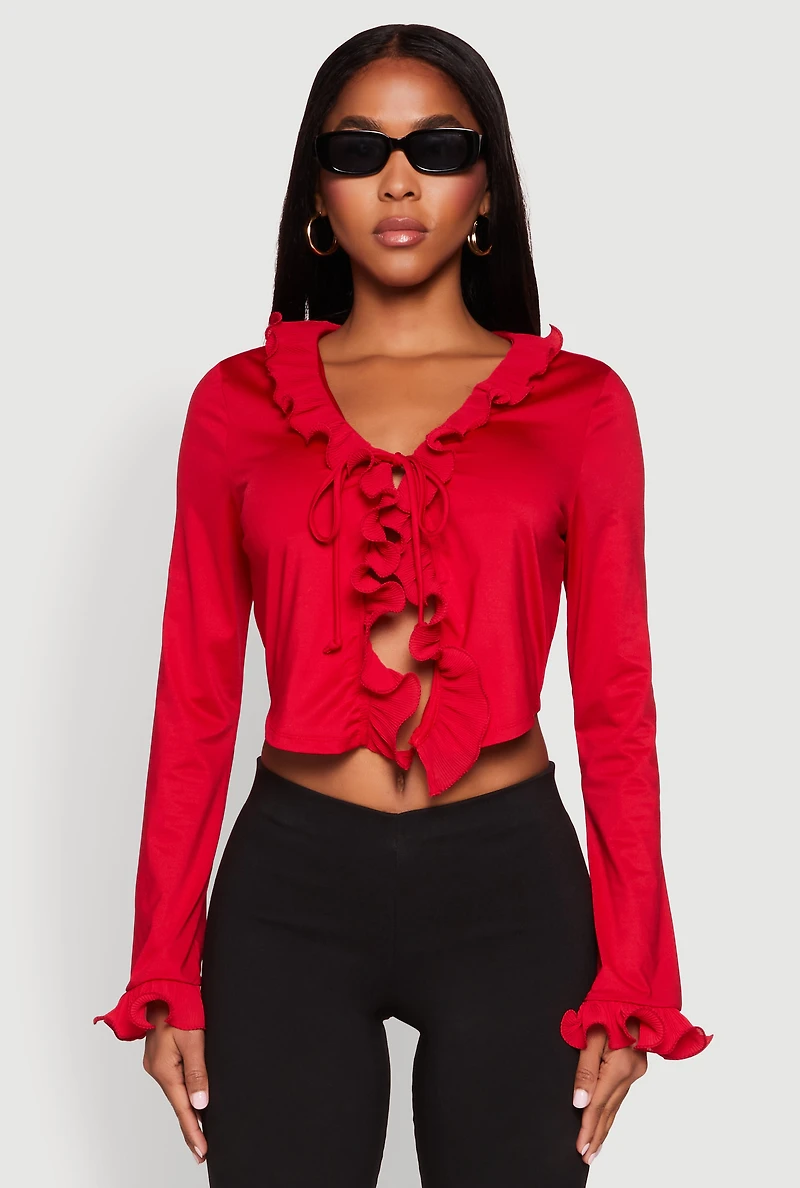 Womens Ruffle Trim Tie Front Crop Top, Red, Size S