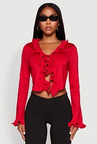 Womens Ruffle Trim Tie Front Crop Top, Red, Size S