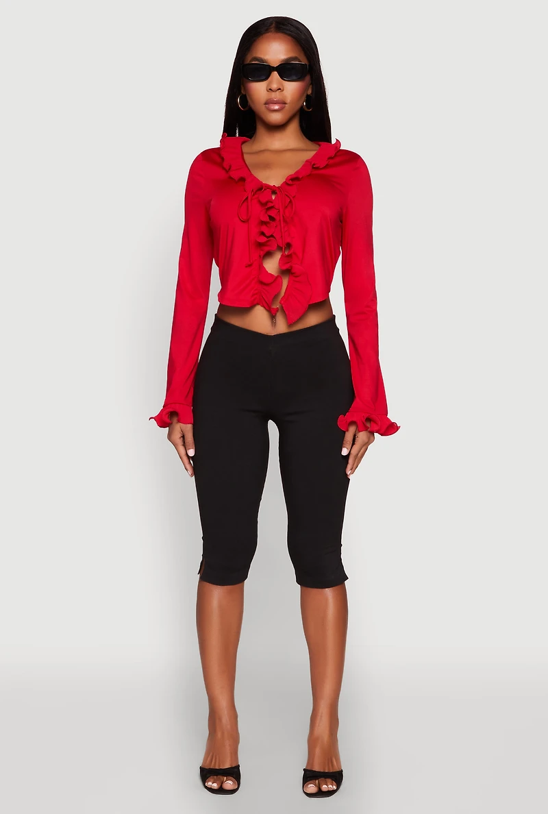 Womens Ruffle Trim Tie Front Crop Top, Red, Size S