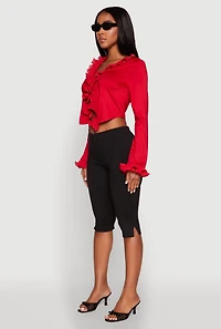 Womens Ruffle Trim Tie Front Crop Top, Red, Size S