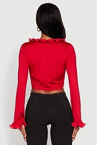 Womens Ruffle Trim Tie Front Crop Top, Red, Size S