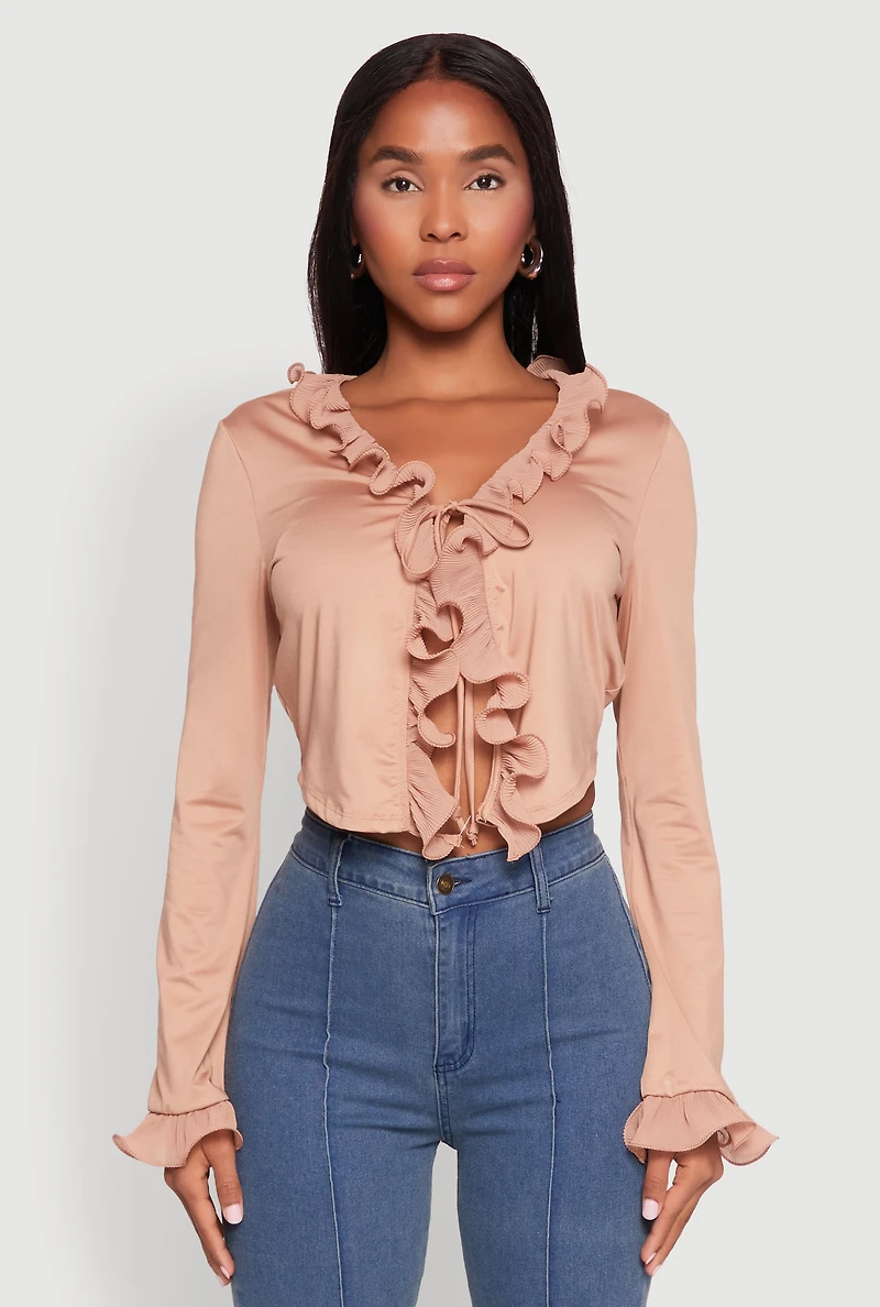 Womens Ruffle Trim Tie Front Crop Top, S