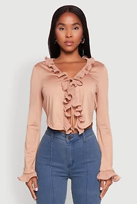 Womens Ruffle Trim Tie Front Crop Top, S