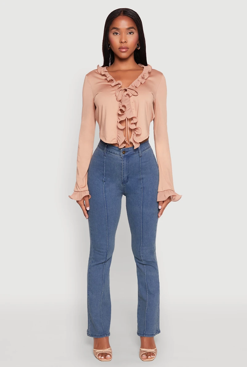 Womens Ruffle Trim Tie Front Crop Top, Beige, Size M