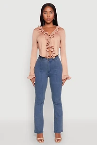Womens Ruffle Trim Tie Front Crop Top, Beige, Size M