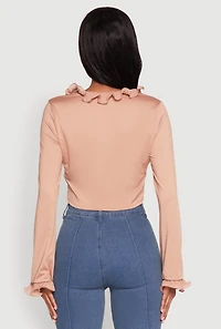 Womens Ruffle Trim Tie Front Crop Top, S
