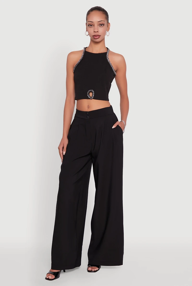 Rhinestone Studded Trim Detail Halter Crop Top