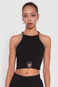 Womens Rhinestone Studded Trim Detail Halter Crop Top, Black, Size S