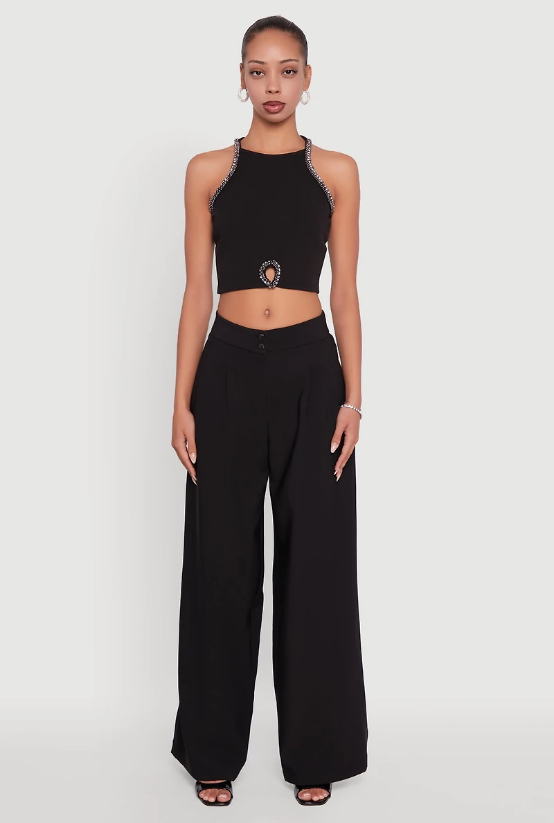 Womens Rhinestone Studded Trim Detail Halter Crop Top, Black, Size S