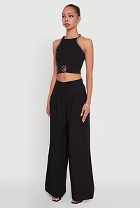 Womens Rhinestone Studded Trim Detail Halter Crop Top, Black, Size S