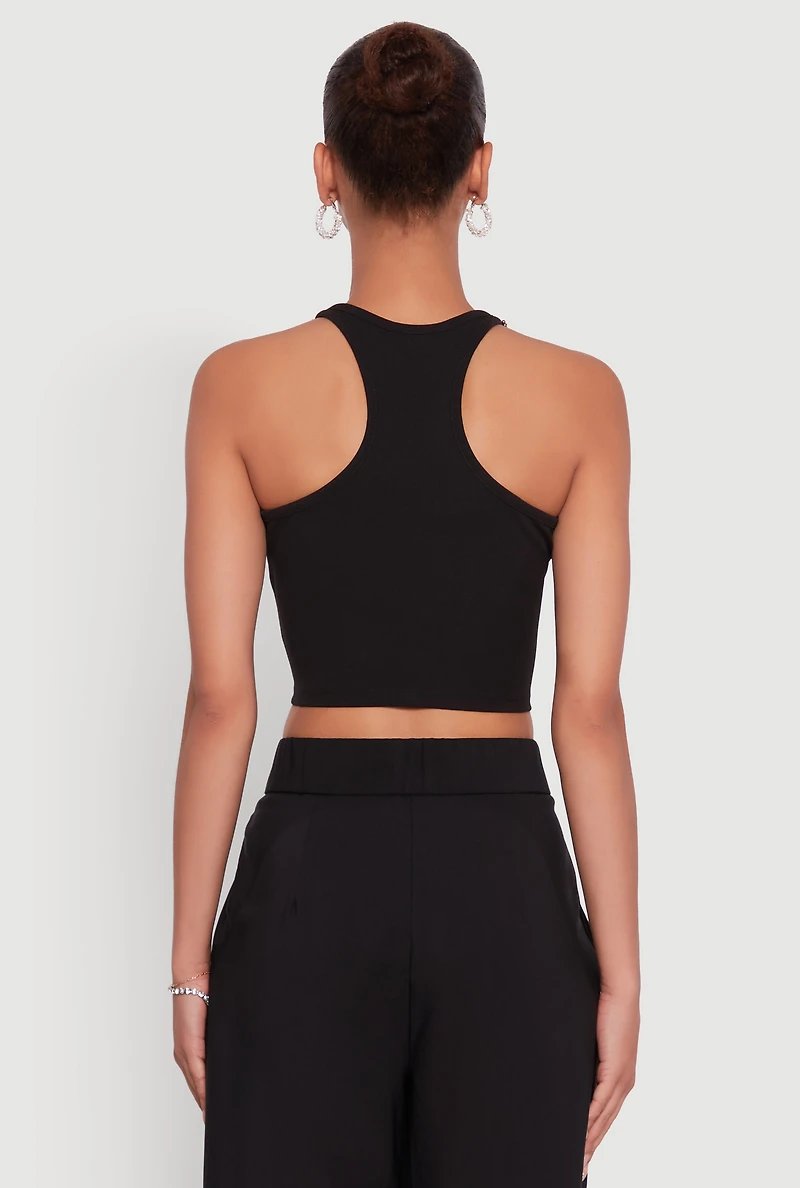 Womens Rhinestone Studded Trim Detail Halter Crop Top, Black, Size S
