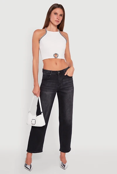 Womens Rhinestone Studded Trim Detail Halter Crop Top, White, Size S