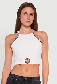 Womens Rhinestone Studded Trim Detail Halter Crop Top,