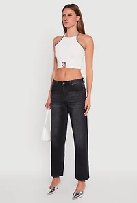 Womens Rhinestone Studded Trim Detail Halter Crop Top,