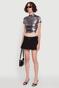 Womens Metallic Short Sleeve Crop Top, Silver,