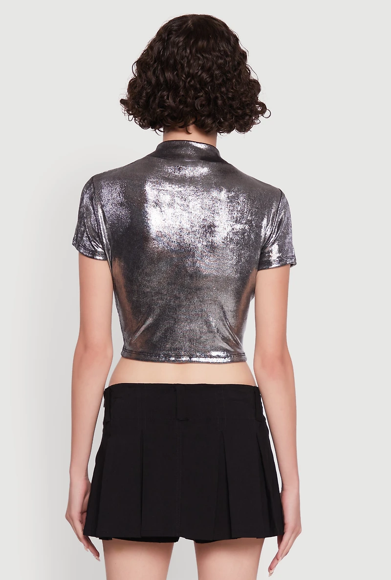 Womens Metallic Short Sleeve Crop Top, Silver,