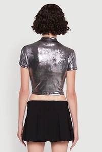 Womens Metallic Short Sleeve Crop Top, Silver,