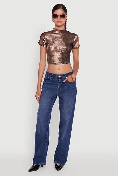 Womens Metallic Short Sleeve Crop Top, Brown, Size M