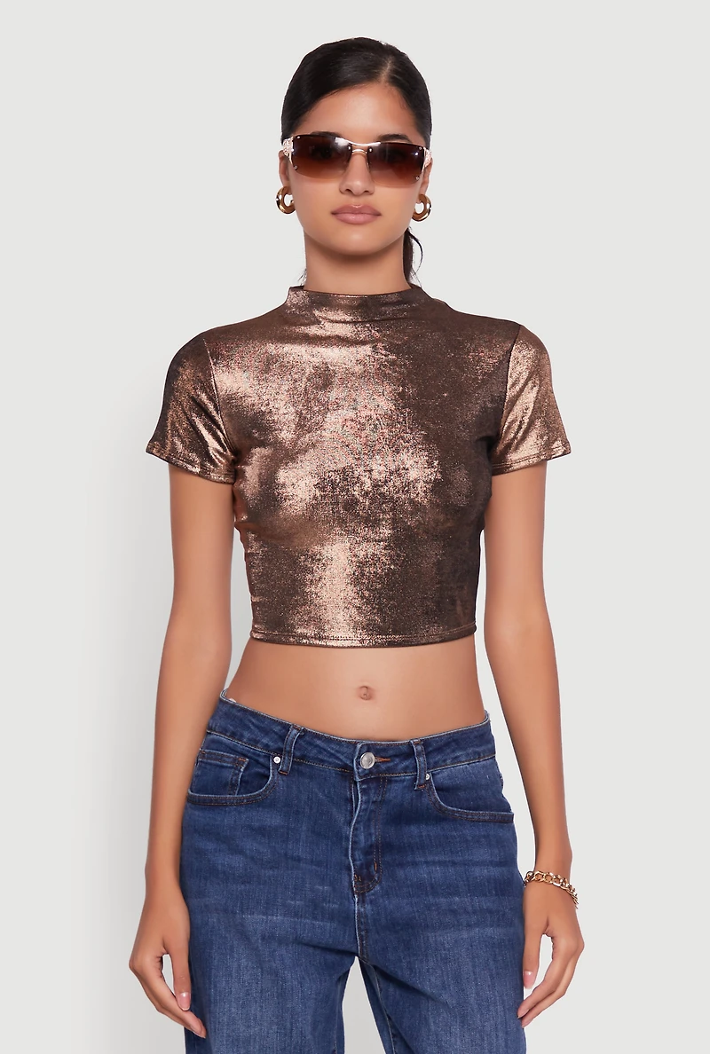 Womens Metallic Short Sleeve Crop Top, Brown, Size XL
