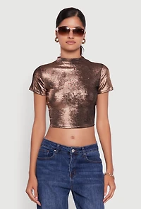 Womens Metallic Short Sleeve Crop Top, Brown, Size XL