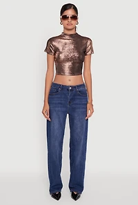 Womens Metallic Short Sleeve Crop Top, Brown, Size XL