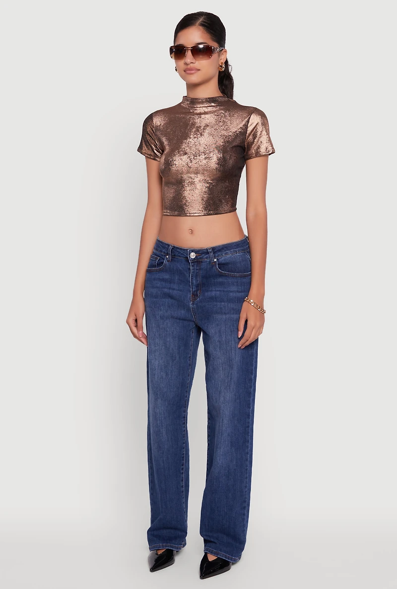Womens Metallic Short Sleeve Crop Top, Brown, Size XL