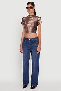 Womens Metallic Short Sleeve Crop Top, Brown, Size XL