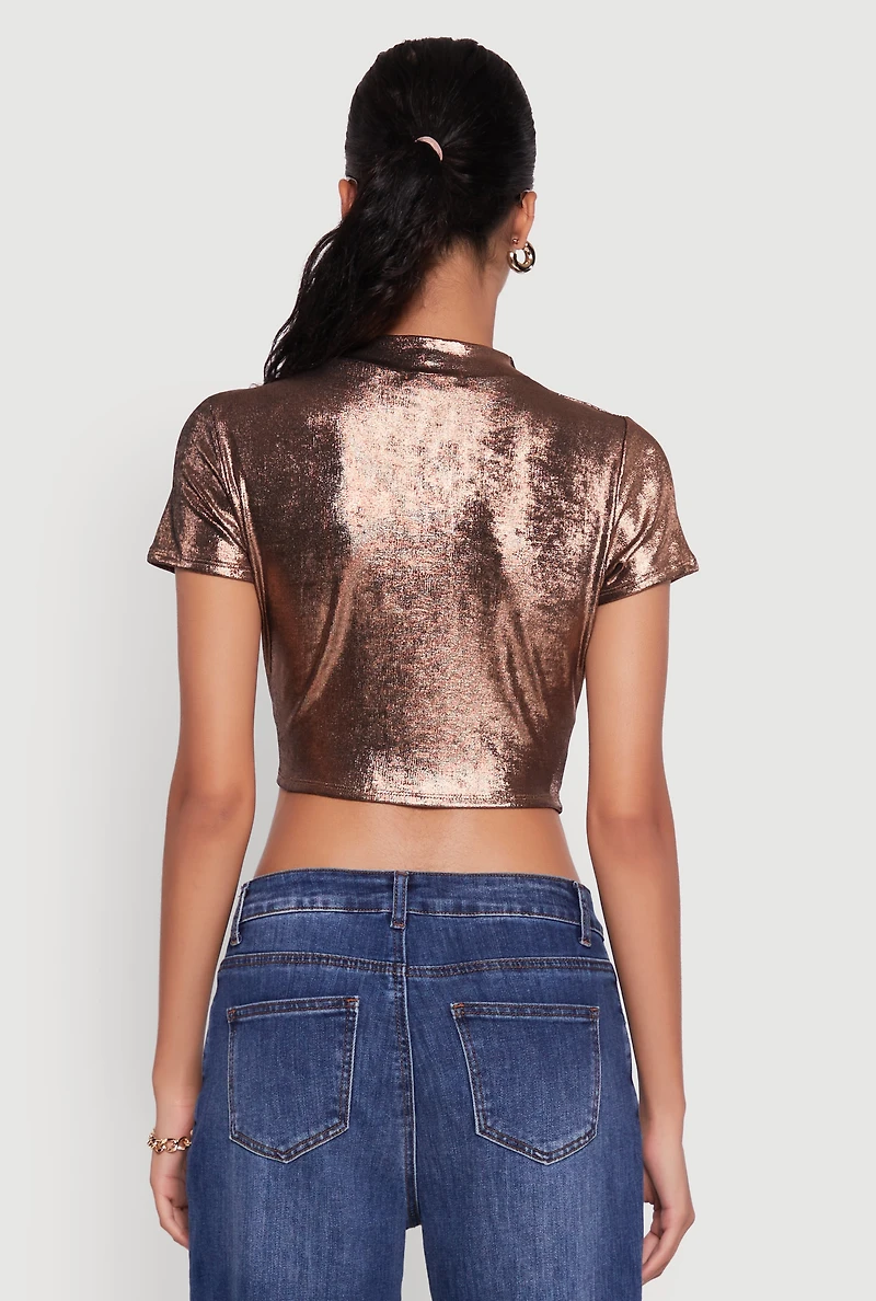 Womens Metallic Short Sleeve Crop Top, Brown, Size XL
