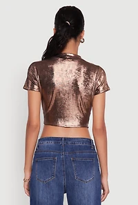Womens Metallic Short Sleeve Crop Top, Brown, Size XL