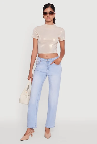 Womens Metallic Short Sleeve Crop Top,