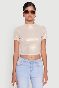 Womens Metallic Short Sleeve Crop Top,