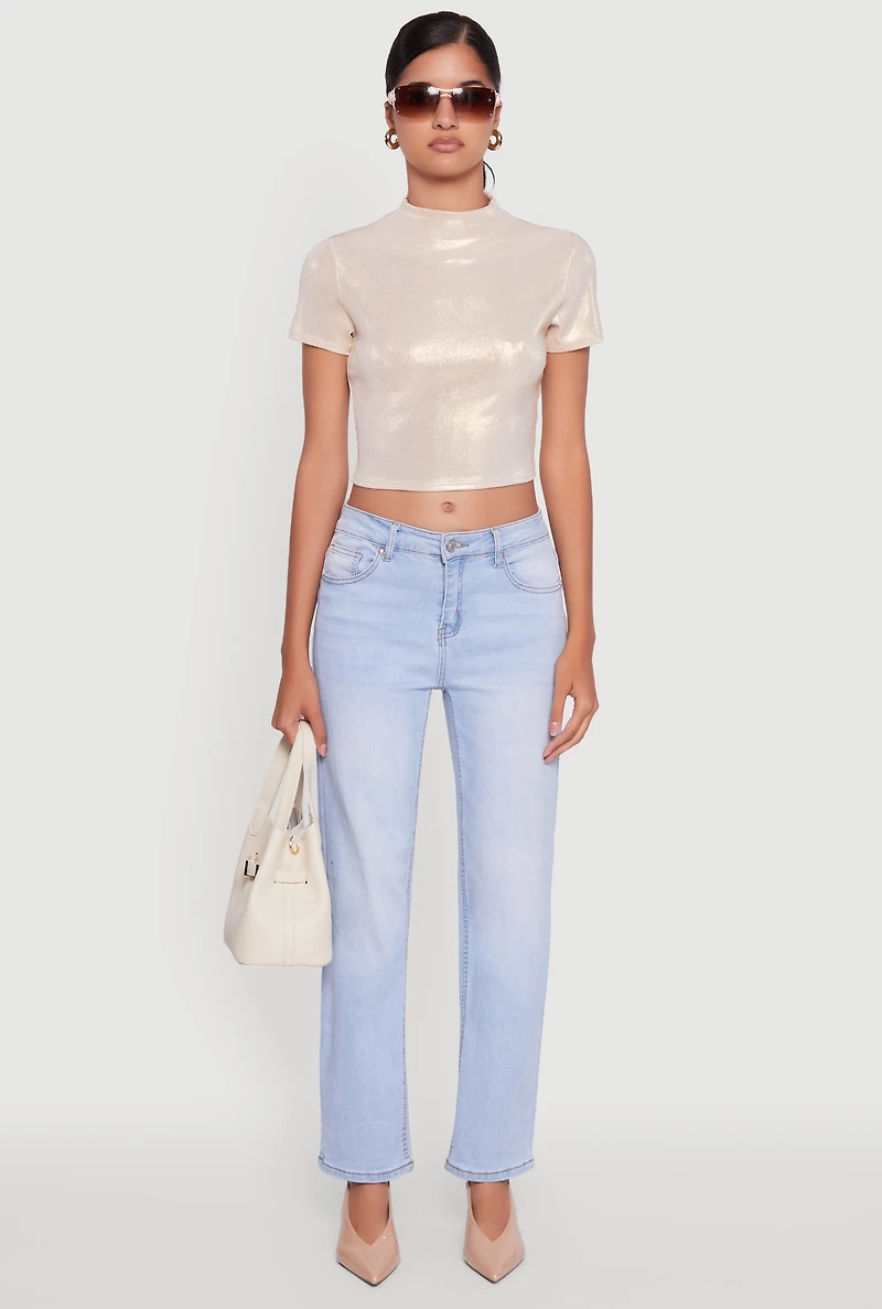 Womens Metallic Short Sleeve Crop Top, Beige, Size L