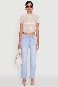 Womens Metallic Short Sleeve Crop Top, Beige, Size L