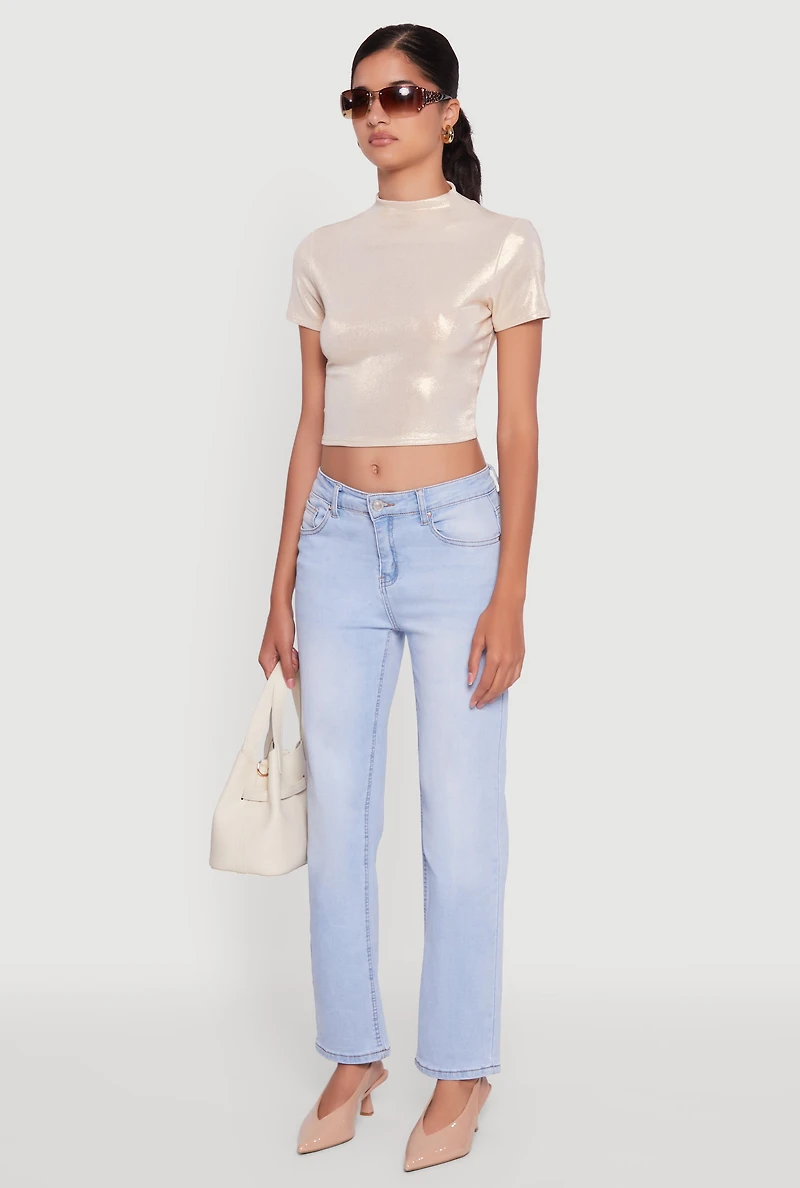 Womens Metallic Short Sleeve Crop Top,