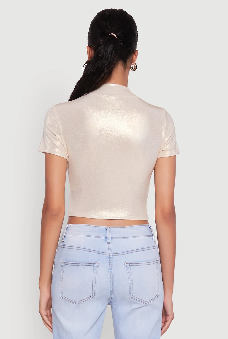 Womens Metallic Short Sleeve Crop Top,