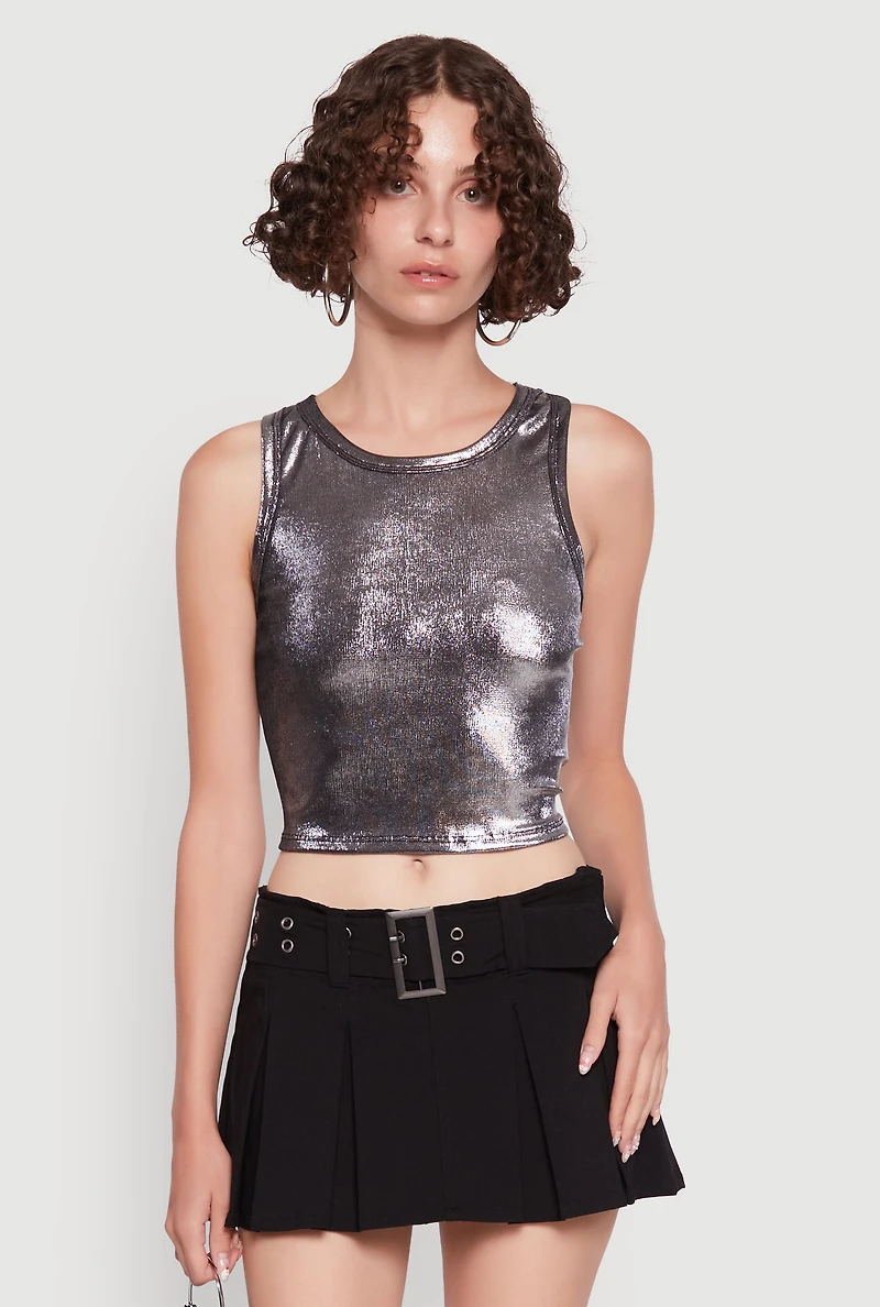 Womens Metallic Sleeveless Crop Top, Grey,