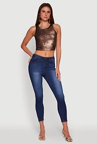 Womens Metallic Sleeveless Crop Top, Brown, Size M