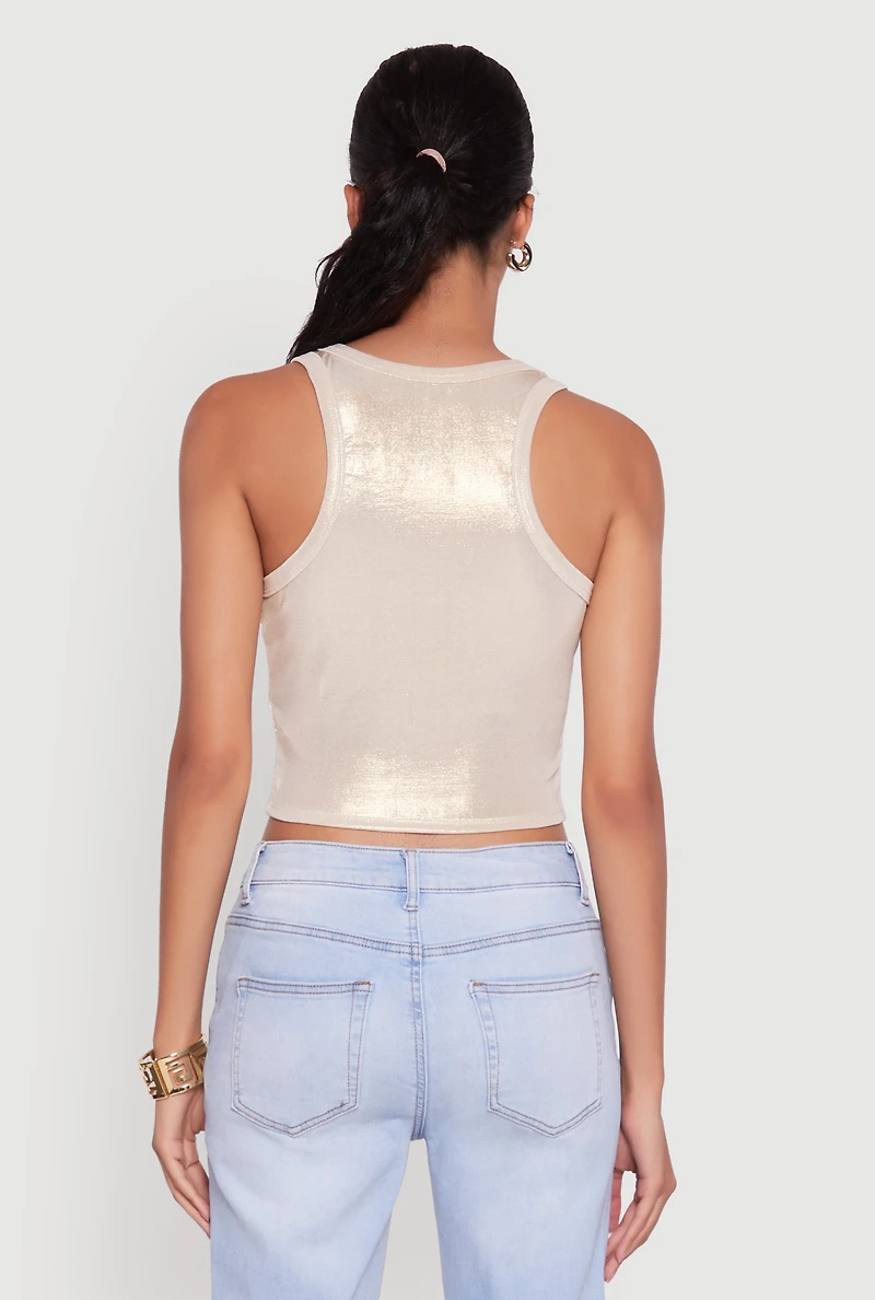 Womens Metallic Sleeveless Crop Top, Beige, Size M