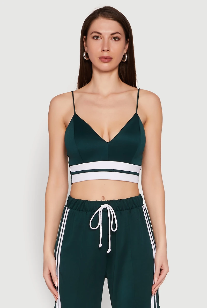 Womens Trendy Scuba V Neck Bralette with Contrast Trim, Green, Size S