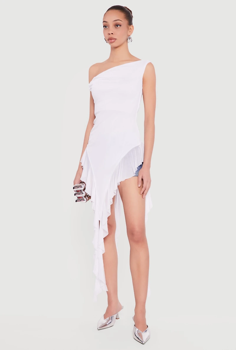 One Shoulder Twist Sleeve Ruffle Mesh Blouse