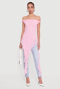 Off Shoulder Twist Sleeve Ruffle Mesh Blouse